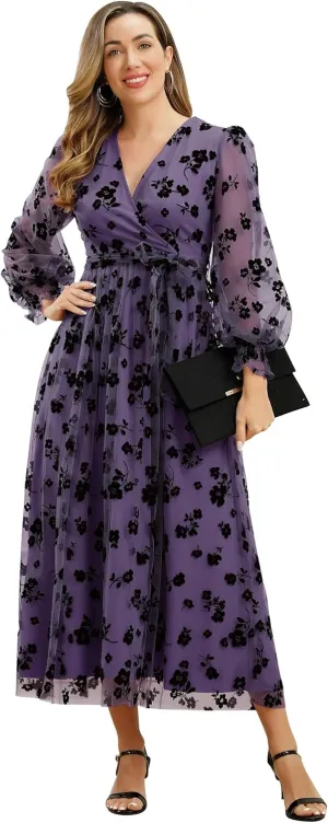 Women Floral Embroidered Maxi Dress Long Puff Sleeve Tulle Prom Dresses Belt V Neck Lantern Long Sleeve Homecoming Dresses