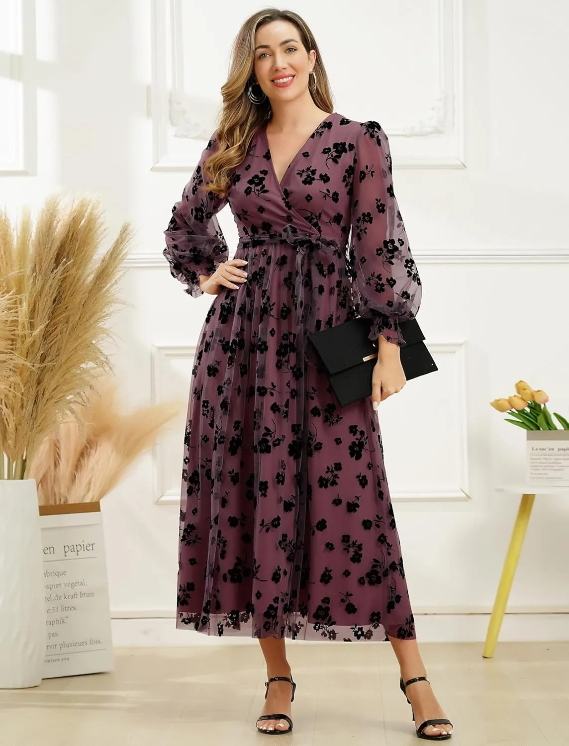 Women Floral Embroidered Maxi Dress Long Puff Sleeve Tulle Prom Dresses Belt V Neck Lantern Long Sleeve Homecoming Dresses