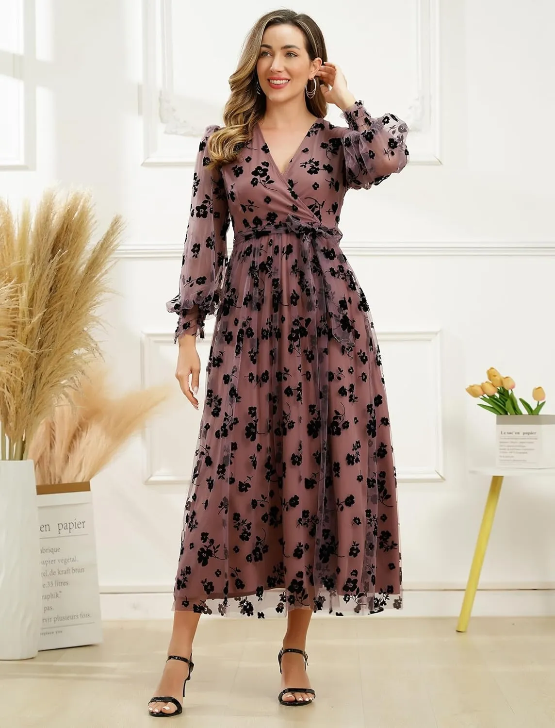 Women Floral Embroidered Maxi Dress Long Puff Sleeve Tulle Prom Dresses Belt V Neck Lantern Long Sleeve Homecoming Dresses