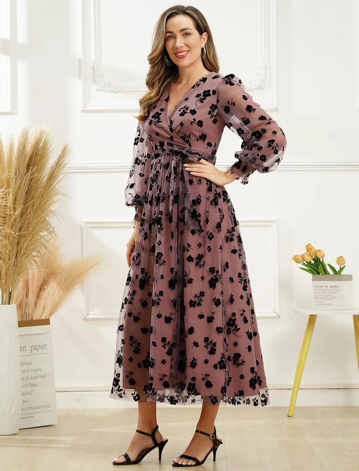 Women Floral Embroidered Maxi Dress Long Puff Sleeve Tulle Prom Dresses Belt V Neck Lantern Long Sleeve Homecoming Dresses
