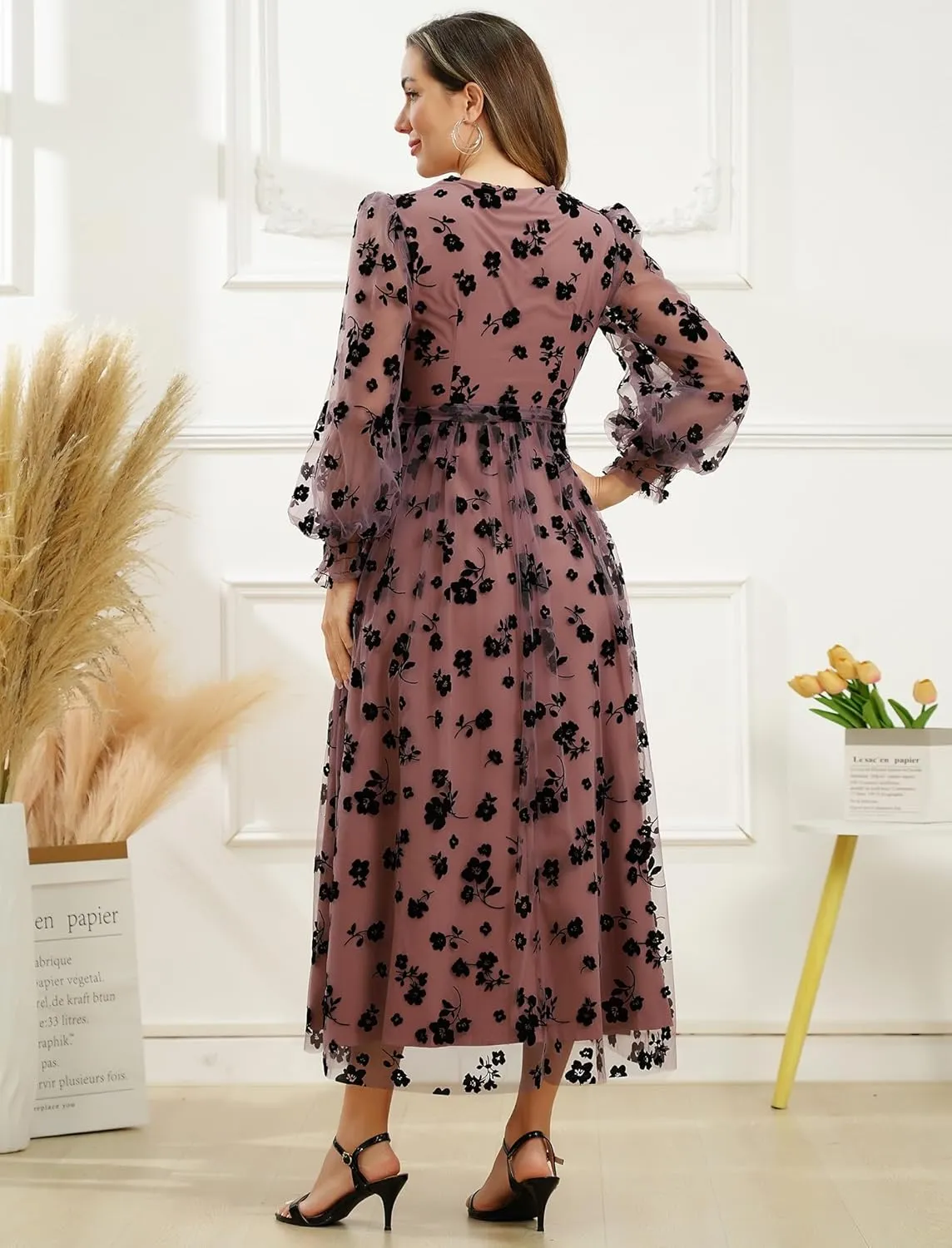 Women Floral Embroidered Maxi Dress Long Puff Sleeve Tulle Prom Dresses Belt V Neck Lantern Long Sleeve Homecoming Dresses
