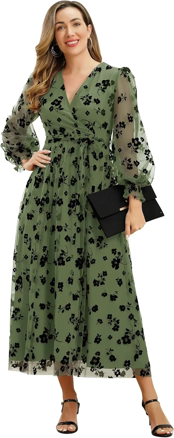 Women Floral Embroidered Maxi Dress Long Puff Sleeve Tulle Prom Dresses Belt V Neck Lantern Long Sleeve Homecoming Dresses