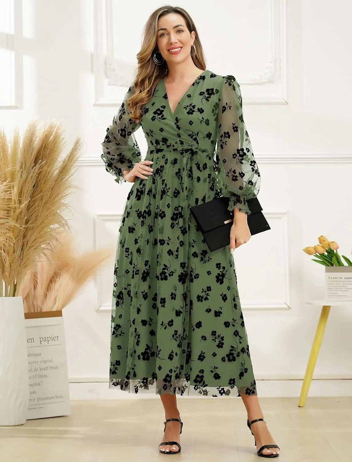 Women Floral Embroidered Maxi Dress Long Puff Sleeve Tulle Prom Dresses Belt V Neck Lantern Long Sleeve Homecoming Dresses