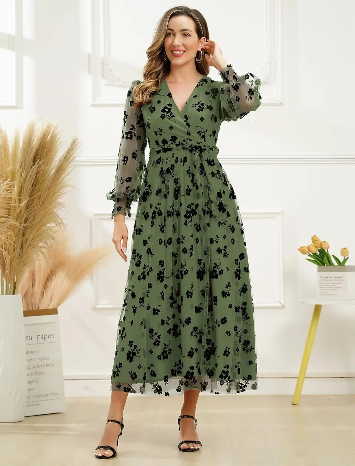 Women Floral Embroidered Maxi Dress Long Puff Sleeve Tulle Prom Dresses Belt V Neck Lantern Long Sleeve Homecoming Dresses