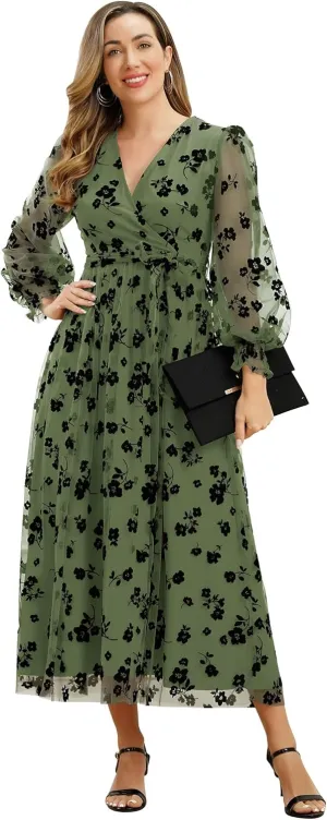 Women Floral Embroidered Maxi Dress Long Puff Sleeve Tulle Prom Dresses Belt V Neck Lantern Long Sleeve Homecoming Dresses