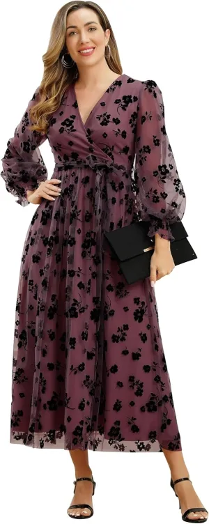 Women Floral Embroidered Maxi Dress Long Puff Sleeve Tulle Prom Dresses Belt V Neck Lantern Long Sleeve Homecoming Dresses