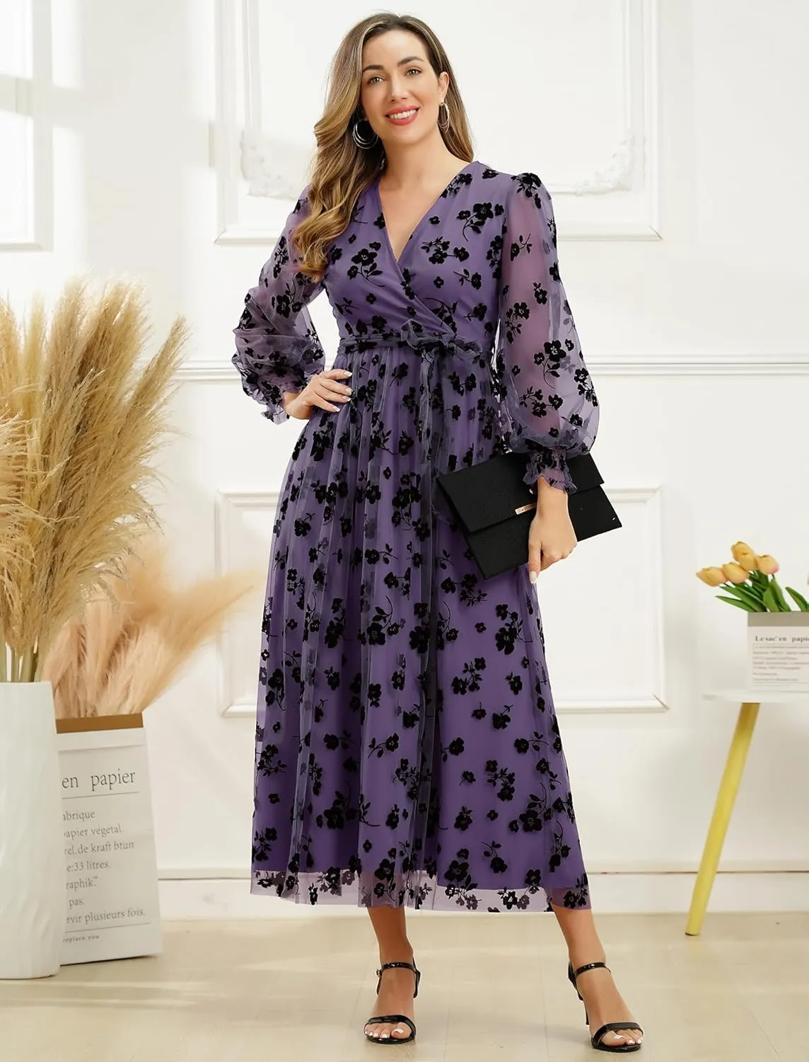 Women Floral Embroidered Maxi Dress Long Puff Sleeve Tulle Prom Dresses Belt V Neck Lantern Long Sleeve Homecoming Dresses