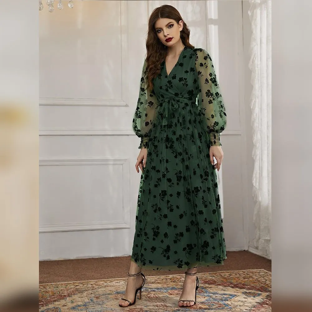 Women Floral Embroidered Maxi Dress Long Puff Sleeve Tulle Prom Dresses Belt V Neck Lantern Long Sleeve Homecoming Dresses