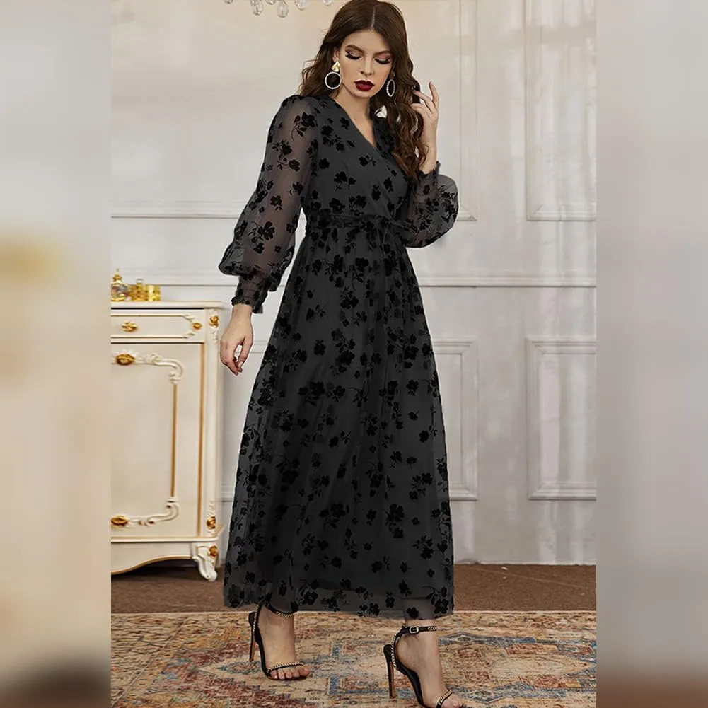 Women Floral Embroidered Maxi Dress Long Puff Sleeve Tulle Prom Dresses Belt V Neck Lantern Long Sleeve Homecoming Dresses