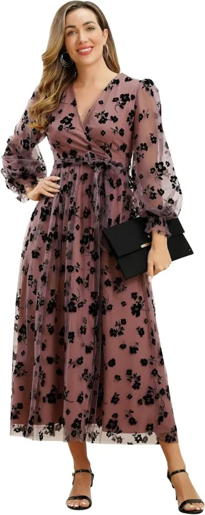 Women Floral Embroidered Maxi Dress Long Puff Sleeve Tulle Prom Dresses Belt V Neck Lantern Long Sleeve Homecoming Dresses