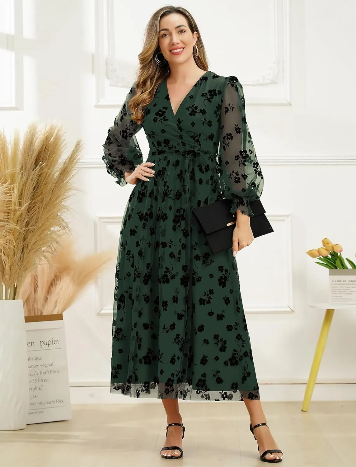 Women Floral Embroidered Maxi Dress Long Puff Sleeve Tulle Prom Dresses Belt V Neck Lantern Long Sleeve Homecoming Dresses