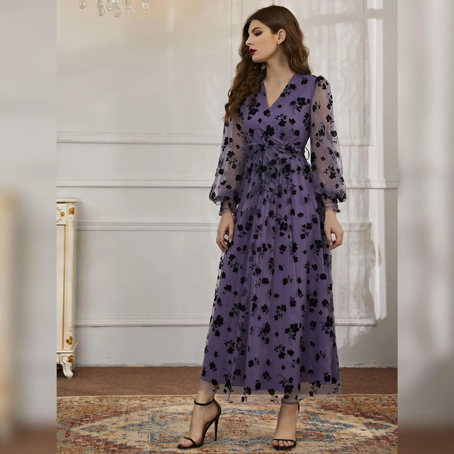 Women Floral Embroidered Maxi Dress Long Puff Sleeve Tulle Prom Dresses Belt V Neck Lantern Long Sleeve Homecoming Dresses