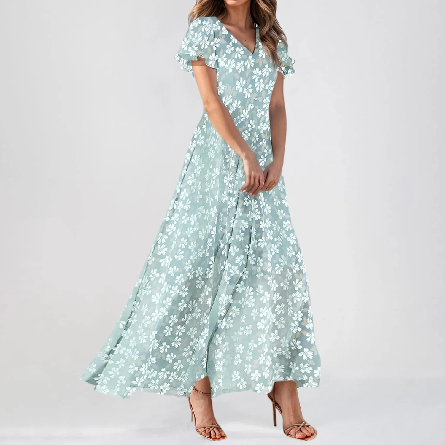 Women Floral Maxi Dress V Neck Flutter Sleeve Long Flowy Chiffon Dresses Casual Summer A Line Garden Party Dresses