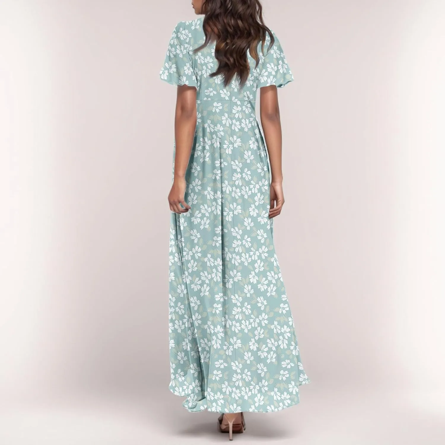 Women Floral Maxi Dress V Neck Flutter Sleeve Long Flowy Chiffon Dresses Casual Summer A Line Garden Party Dresses