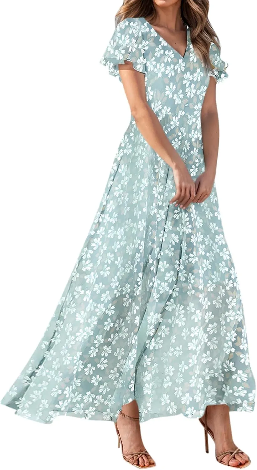 Women Floral Maxi Dress V Neck Flutter Sleeve Long Flowy Chiffon Dresses Casual Summer A Line Garden Party Dresses