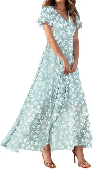 Women Floral Maxi Dress V Neck Flutter Sleeve Long Flowy Chiffon Dresses Casual Summer A Line Garden Party Dresses