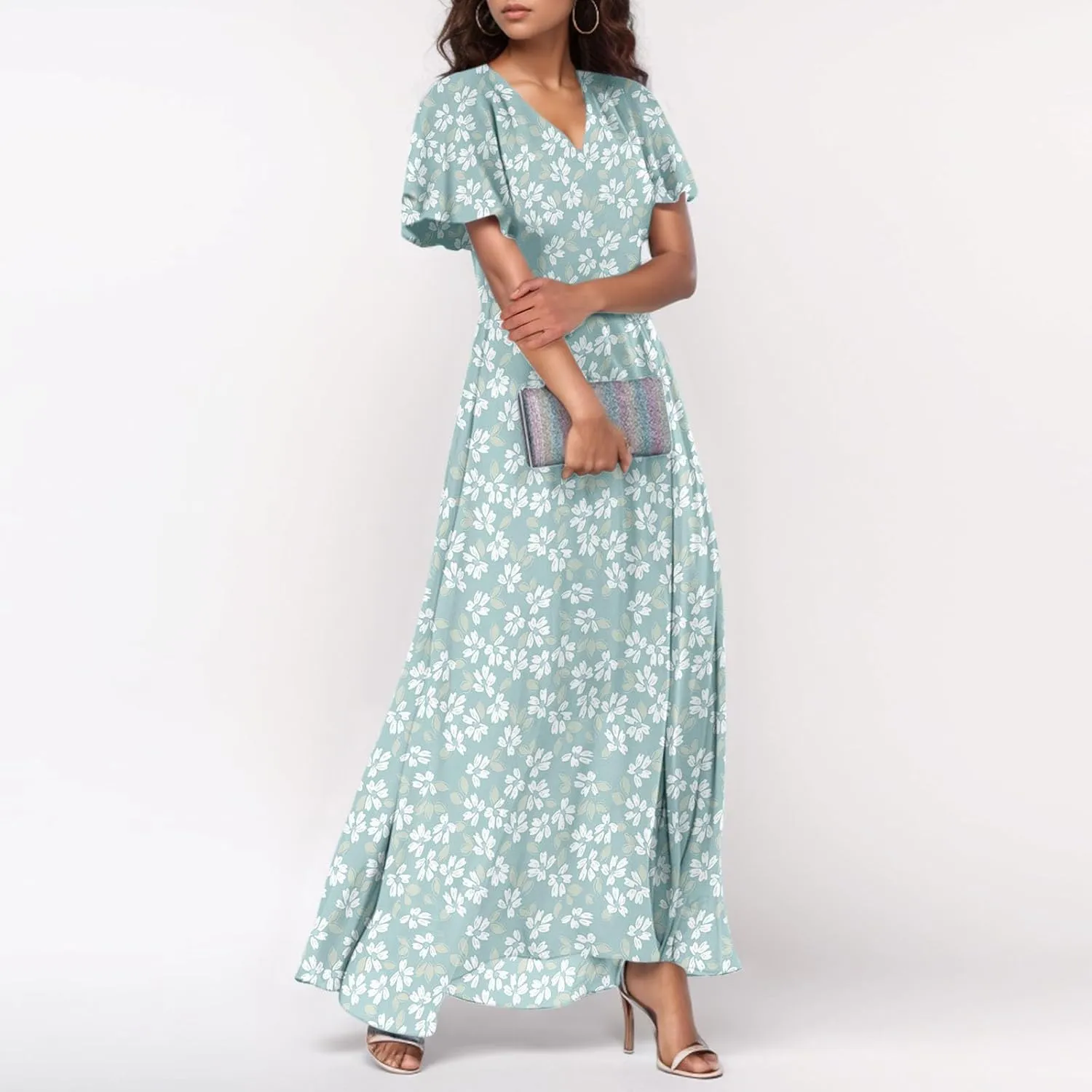 Women Floral Maxi Dress V Neck Flutter Sleeve Long Flowy Chiffon Dresses Casual Summer A Line Garden Party Dresses