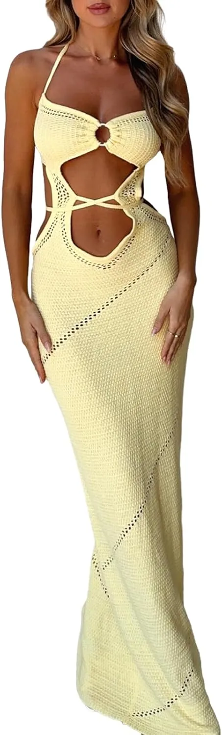 Women Halter Knit Bodycon Long Dress Sexy Hollow Out Sleeveless Backless Maxi Beach Evening Party Cocktail Dresses