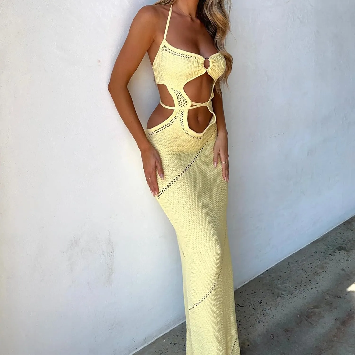 Women Halter Knit Bodycon Long Dress Sexy Hollow Out Sleeveless Backless Maxi Beach Evening Party Cocktail Dresses