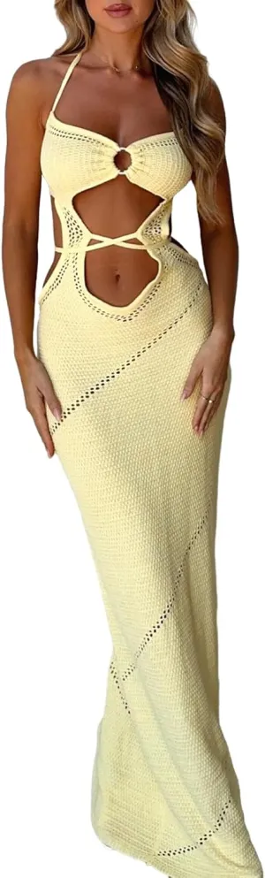 Women Halter Knit Bodycon Long Dress Sexy Hollow Out Sleeveless Backless Maxi Beach Evening Party Cocktail Dresses