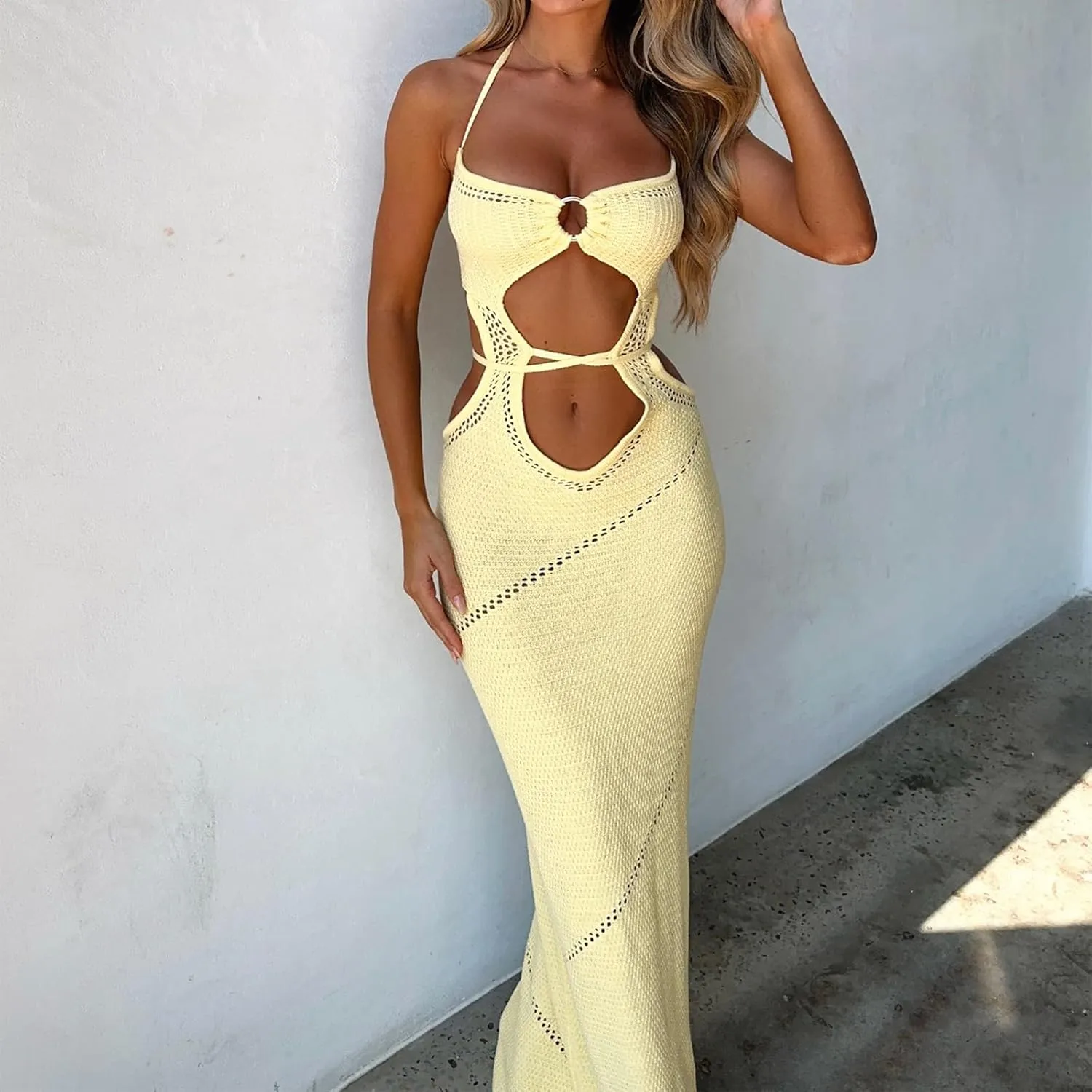 Women Halter Knit Bodycon Long Dress Sexy Hollow Out Sleeveless Backless Maxi Beach Evening Party Cocktail Dresses
