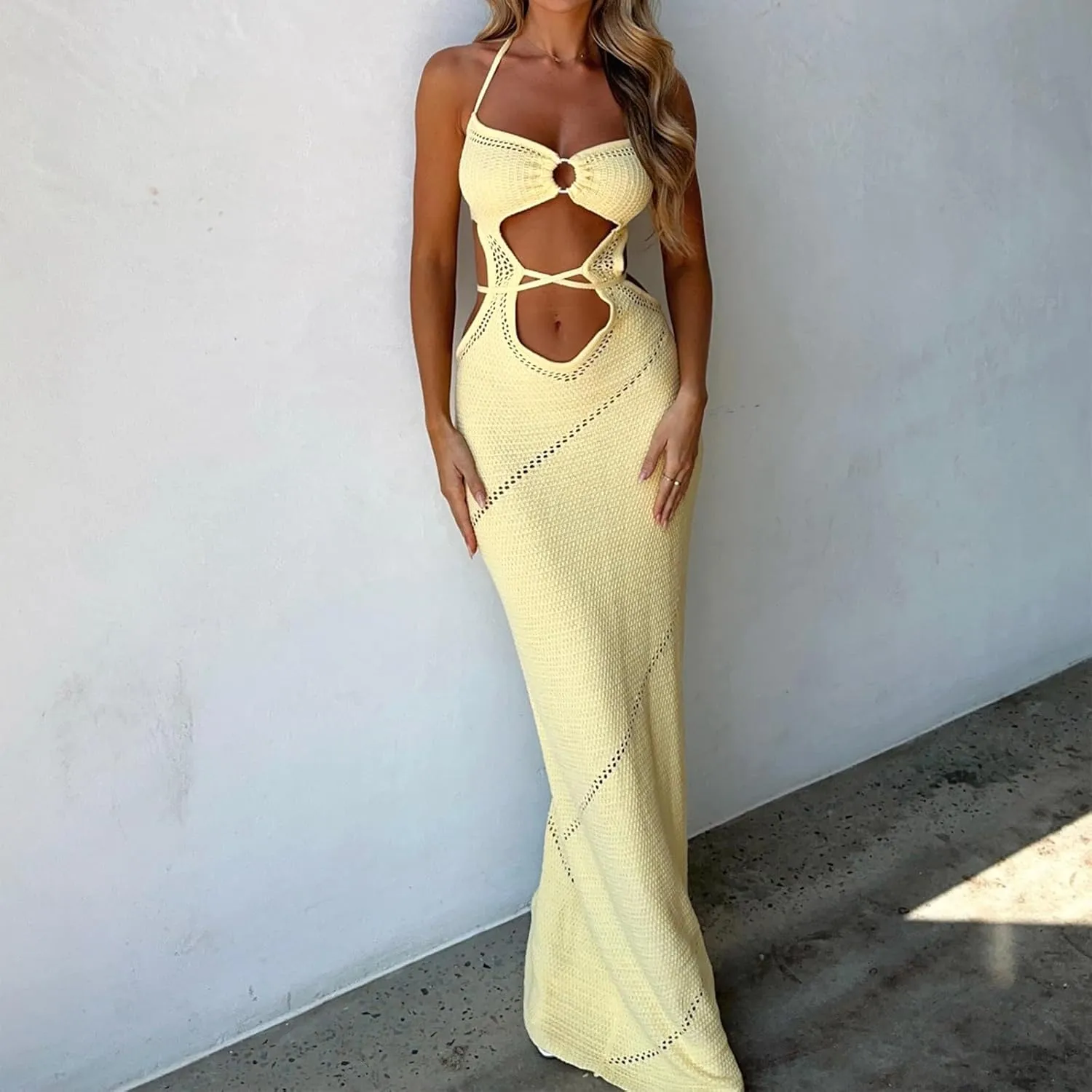 Women Halter Knit Bodycon Long Dress Sexy Hollow Out Sleeveless Backless Maxi Beach Evening Party Cocktail Dresses