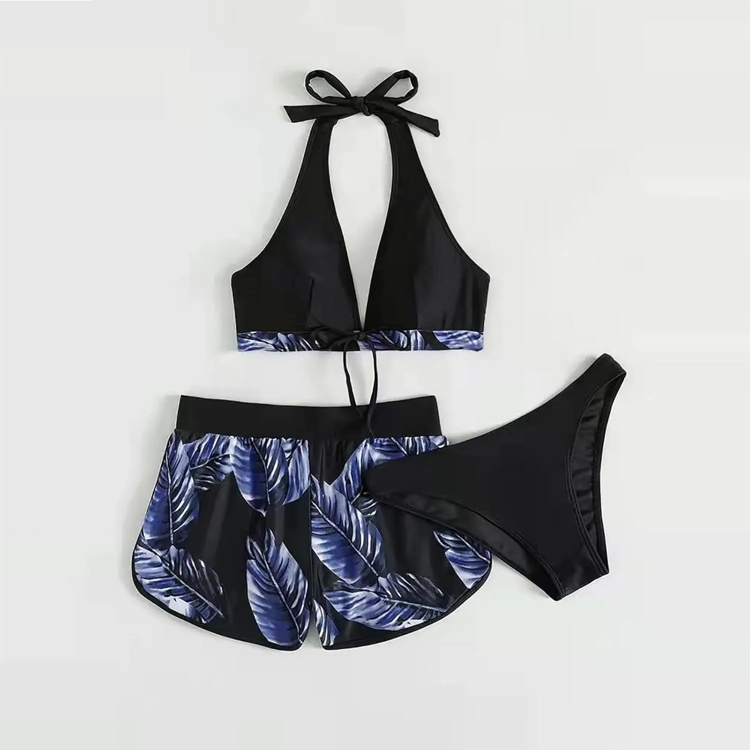Women Halter Top Floral Swim Shorts Bikini Set Tropical 2 Piece Swimsuits Athletic Bathing Suit Beach Sporty Swimwear