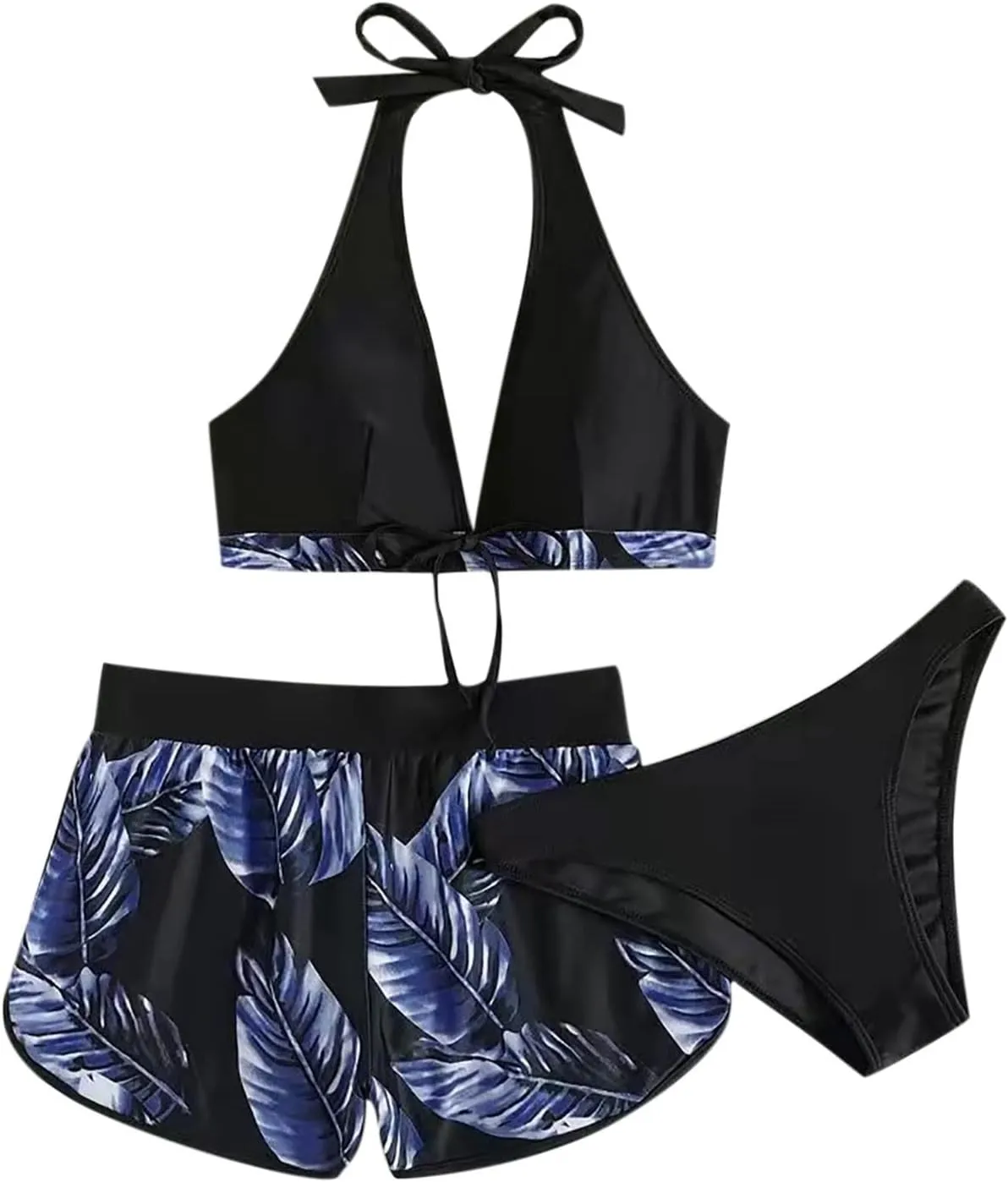 Women Halter Top Floral Swim Shorts Bikini Set Tropical 2 Piece Swimsuits Athletic Bathing Suit Beach Sporty Swimwear