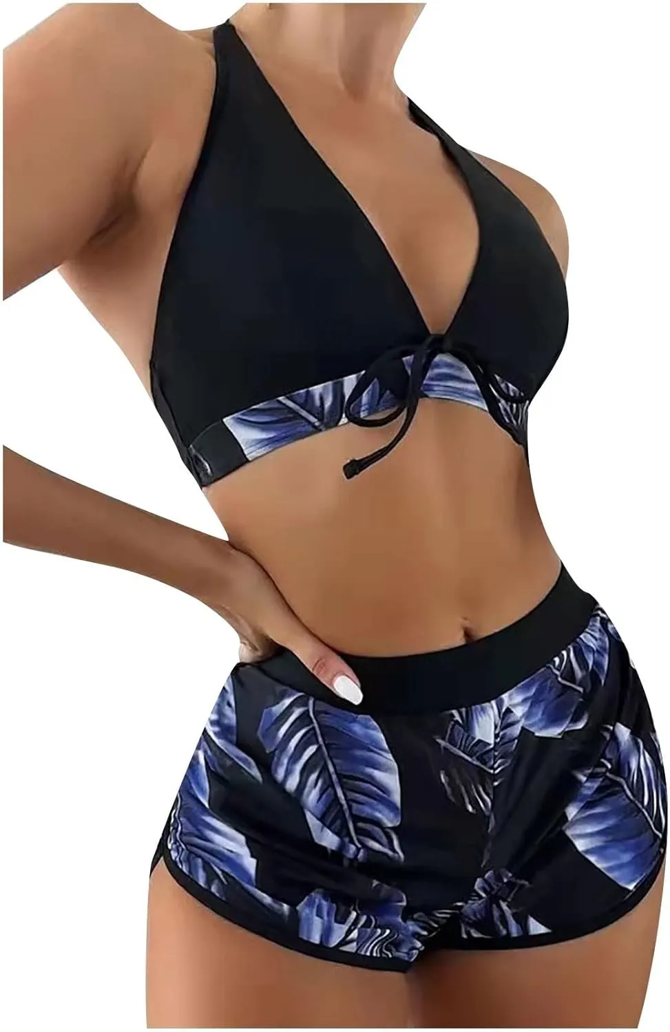 Women Halter Top Floral Swim Shorts Bikini Set Tropical 2 Piece Swimsuits Athletic Bathing Suit Beach Sporty Swimwear