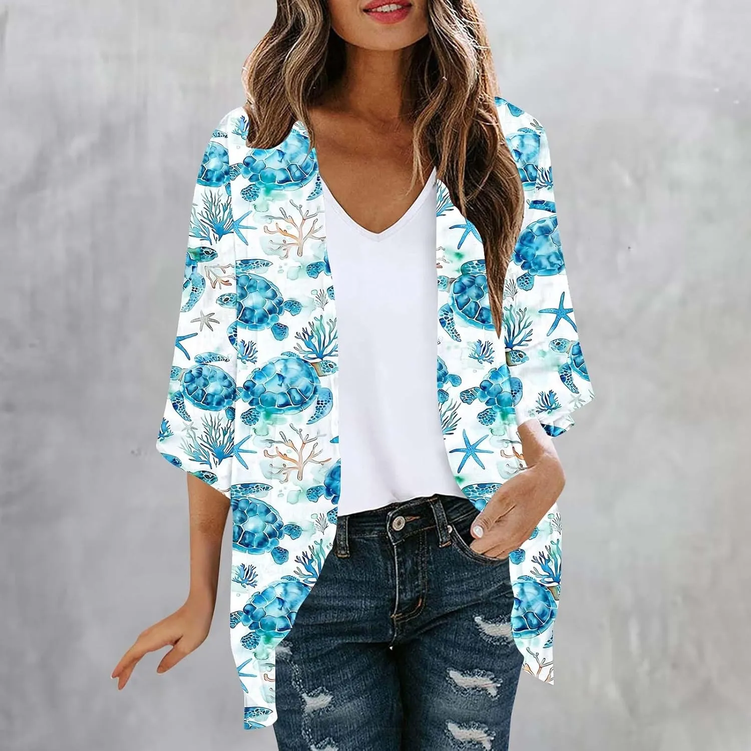 Women Lightweight Chiffon Cardigan 3/4 Sleeve Loose Beach Wear Cover Up Casual Bohimian Kimono Sun Protection Blouse