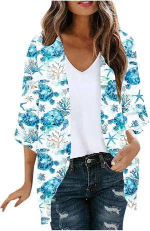Women Lightweight Chiffon Cardigan 3/4 Sleeve Loose Beach Wear Cover Up Casual Bohimian Kimono Sun Protection Blouse