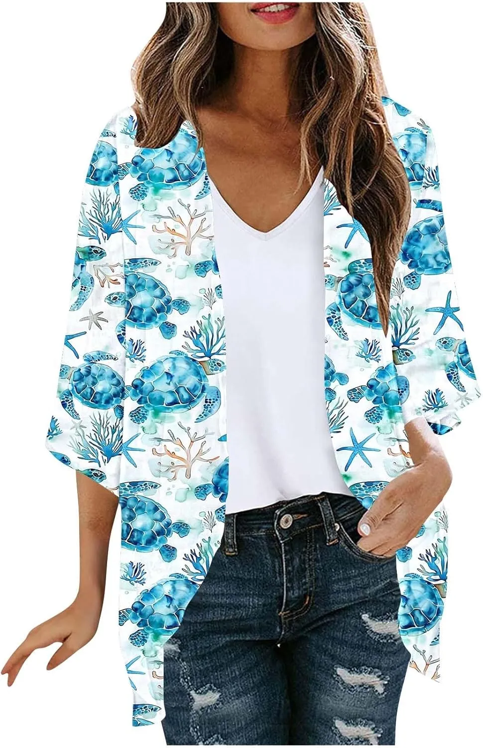 Women Lightweight Chiffon Cardigan 3/4 Sleeve Loose Beach Wear Cover Up Casual Bohimian Kimono Sun Protection Blouse