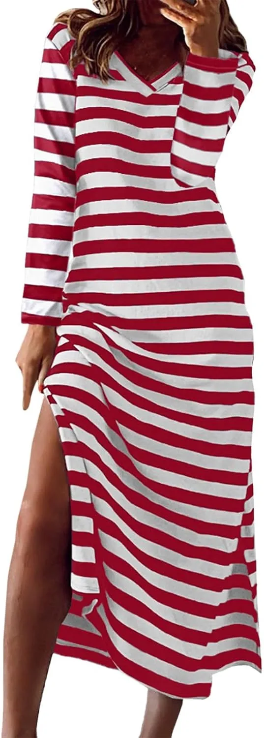 Women Long Striped Dress V Neck Long Sleeve Maxi Dresses Slim Fit Casual Dresses for 2024 Spring