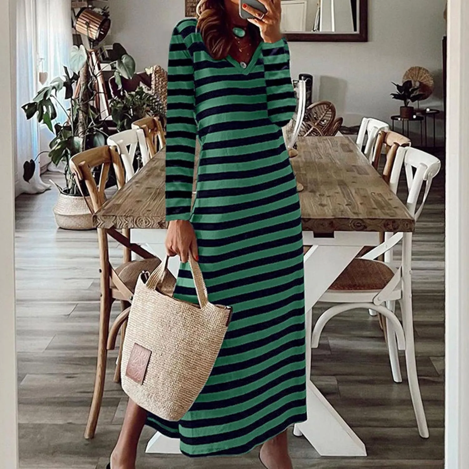 Women Long Striped Dress V Neck Long Sleeve Maxi Dresses Slim Fit Casual Dresses for 2024 Spring