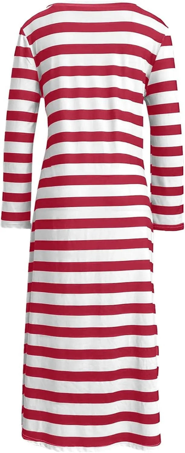 Women Long Striped Dress V Neck Long Sleeve Maxi Dresses Slim Fit Casual Dresses for 2024 Spring