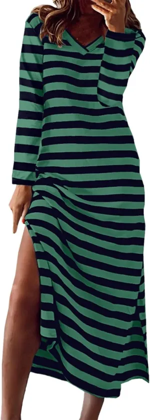 Women Long Striped Dress V Neck Long Sleeve Maxi Dresses Slim Fit Casual Dresses for 2024 Spring