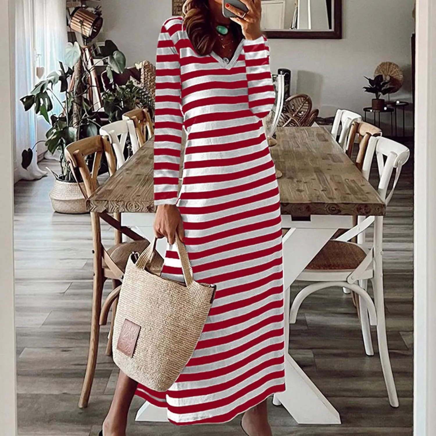 Women Long Striped Dress V Neck Long Sleeve Maxi Dresses Slim Fit Casual Dresses for 2024 Spring