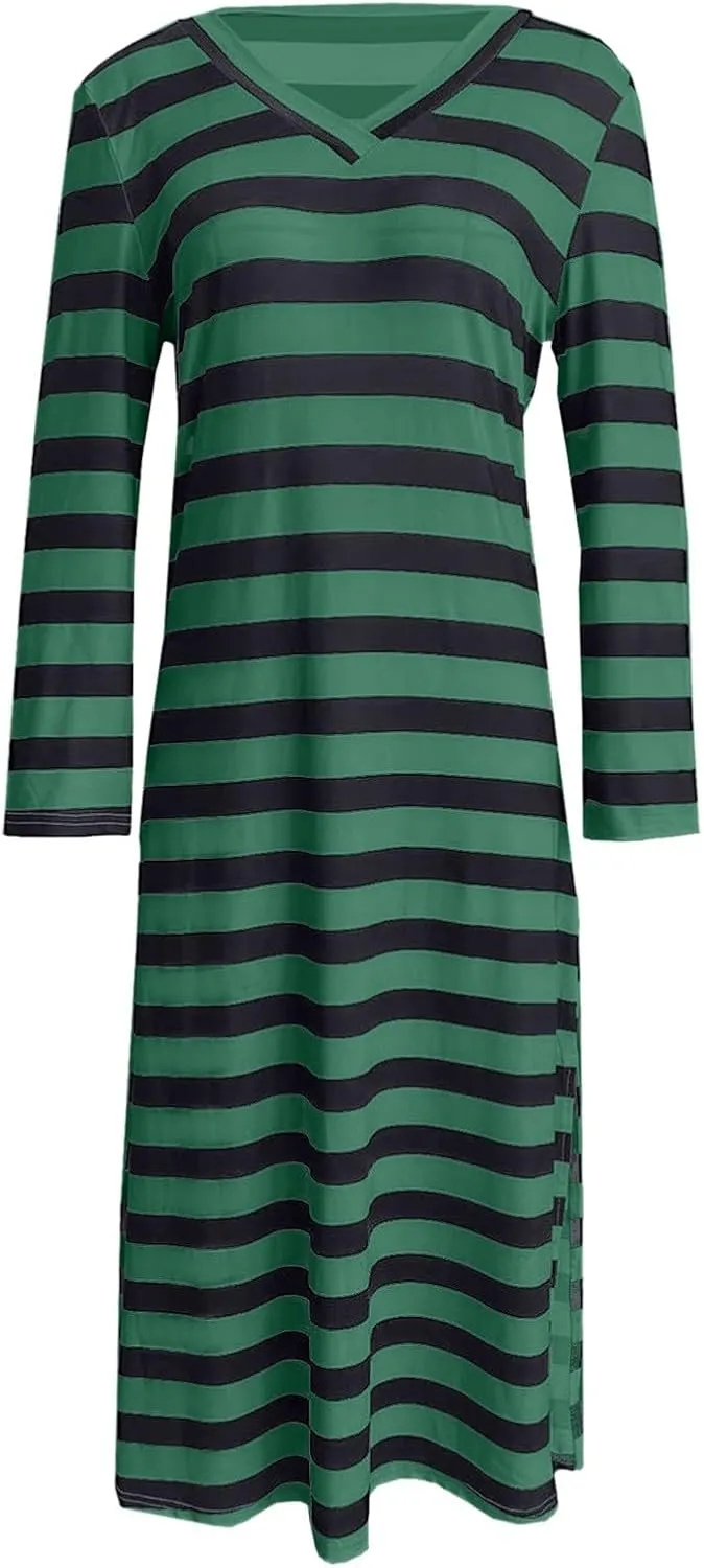 Women Long Striped Dress V Neck Long Sleeve Maxi Dresses Slim Fit Casual Dresses for 2024 Spring