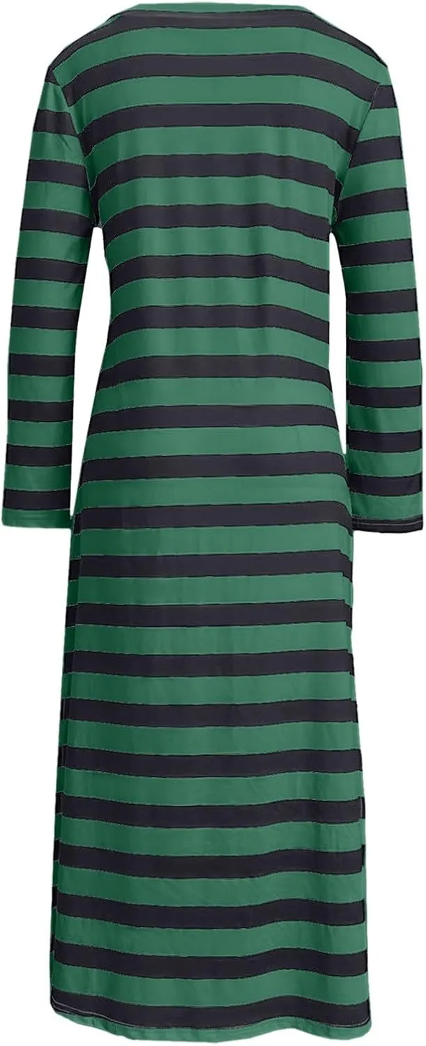 Women Long Striped Dress V Neck Long Sleeve Maxi Dresses Slim Fit Casual Dresses for 2024 Spring
