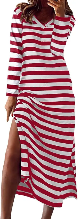 Women Long Striped Dress V Neck Long Sleeve Maxi Dresses Slim Fit Casual Dresses for 2024 Spring