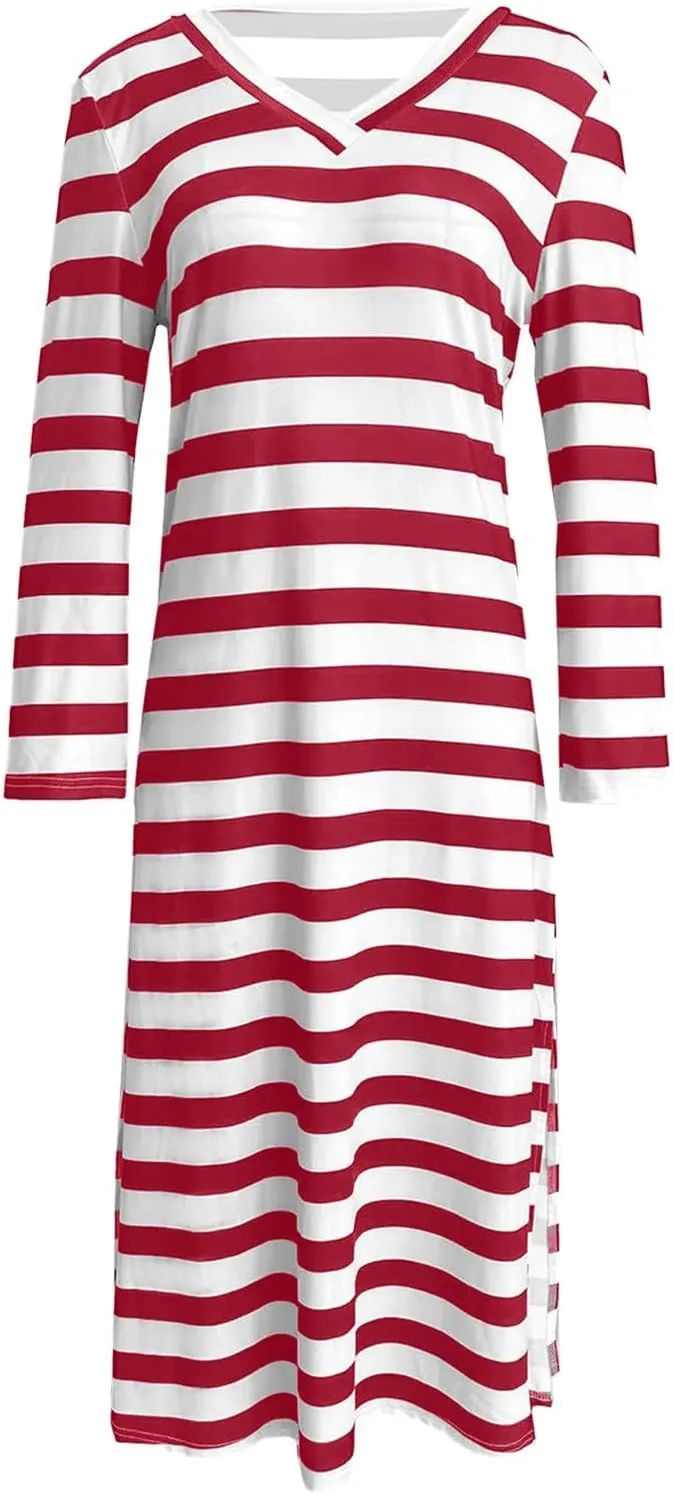 Women Long Striped Dress V Neck Long Sleeve Maxi Dresses Slim Fit Casual Dresses for 2024 Spring