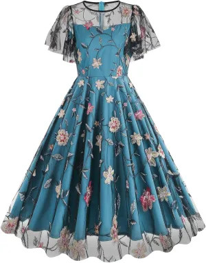 Women Mesh Floral Embroidery Vintage Cocktail Swing Dress Ruffle Sleeve Embroidered Floral Dress for Women Tulle Prom Dress