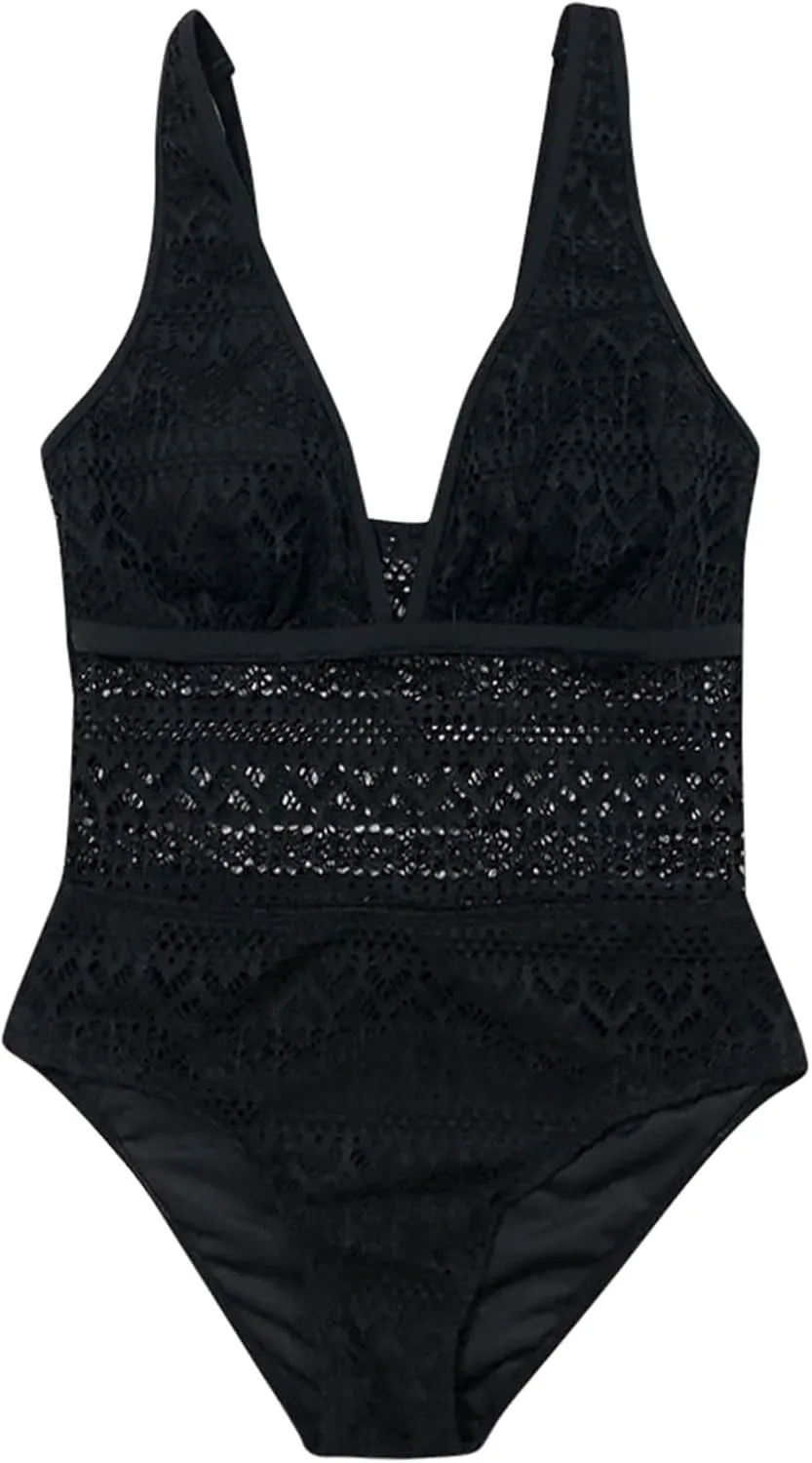 Women Mesh One Piece Swimsuits Sexy Tummy Control V Neck Bathing Suits Swimwear Backless Slimming High Cut Swim Suit