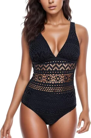 Women Mesh One Piece Swimsuits Sexy Tummy Control V Neck Bathing Suits Swimwear Backless Slimming High Cut Swim Suit