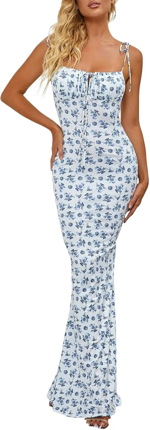 Women Milkmaid Dress Summer Floral Bustier Dress Sexy Sleeveless Corset Dresses Spaghetti Strap Bodycon Maxi Dresses