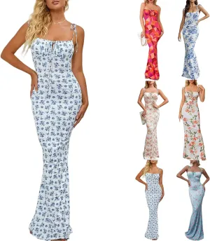 Women Milkmaid Dress Summer Floral Bustier Dress Sexy Sleeveless Corset Dresses Spaghetti Strap Bodycon Maxi Dresses