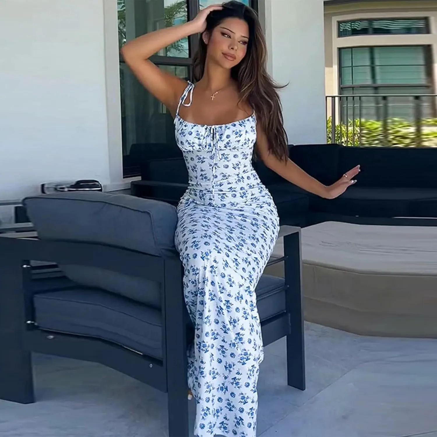Women Milkmaid Dress Summer Floral Bustier Dress Sexy Sleeveless Corset Dresses Spaghetti Strap Bodycon Maxi Dresses