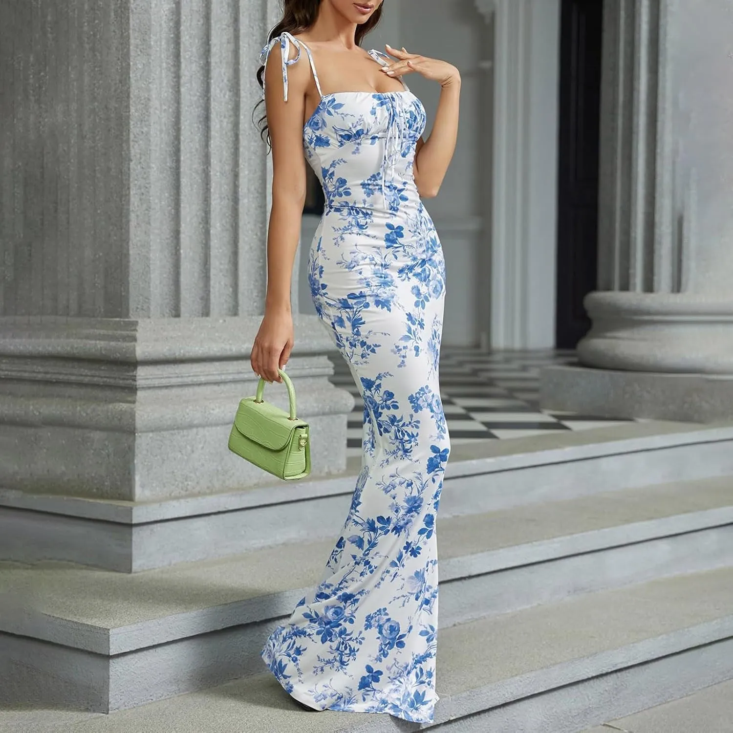 Women Milkmaid Dress Summer Floral Corset Dress Sexy Sleeveless Bustier Dresses Spaghetti Strap Bodycon Maxi Dresses