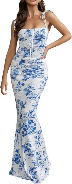 Women Milkmaid Dress Summer Floral Corset Dress Sexy Sleeveless Bustier Dresses Spaghetti Strap Bodycon Maxi Dresses