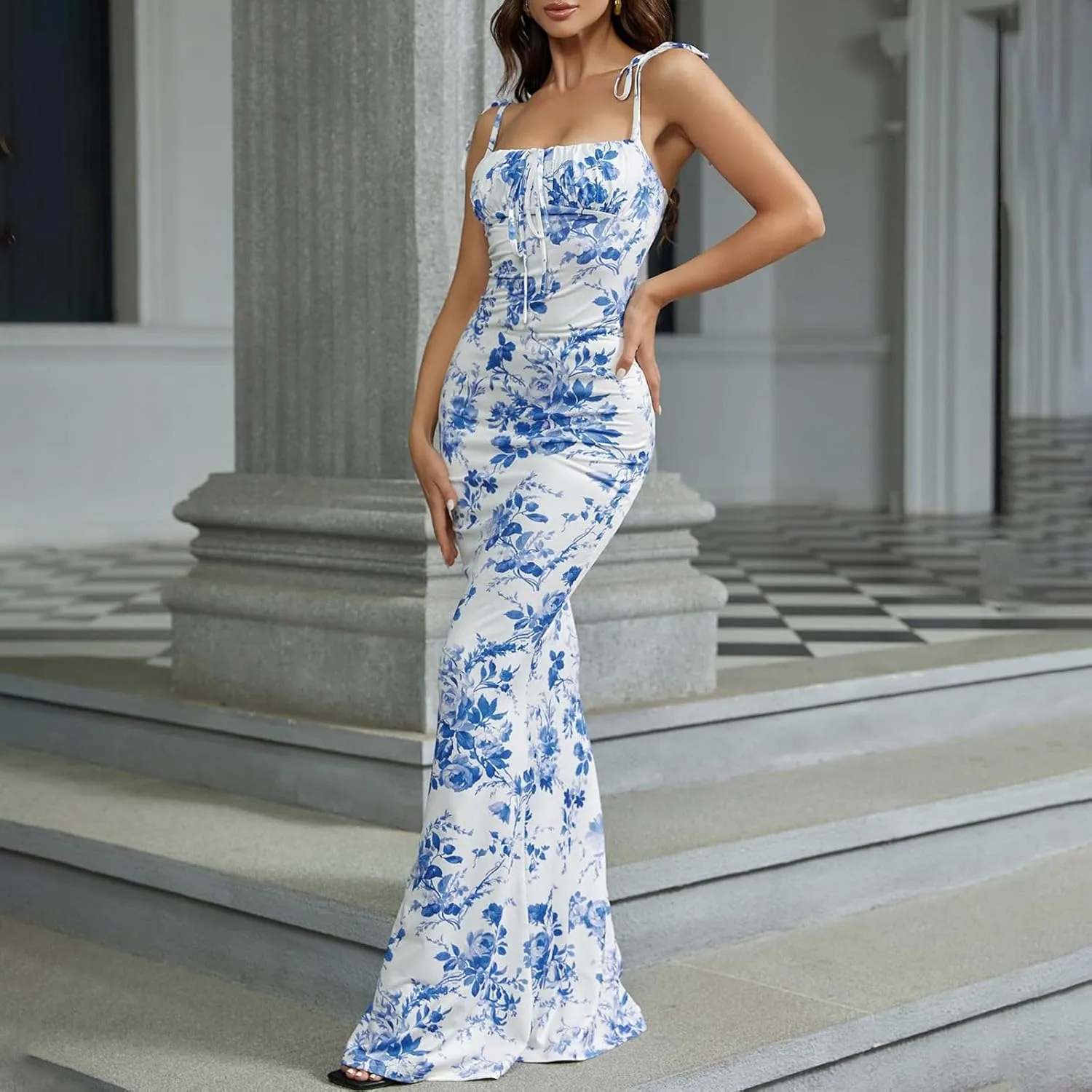 Women Milkmaid Dress Summer Floral Corset Dress Sexy Sleeveless Bustier Dresses Spaghetti Strap Bodycon Maxi Dresses